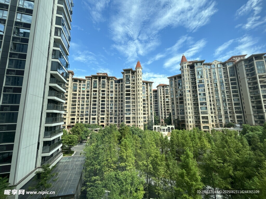 城市高楼间的绿意景观