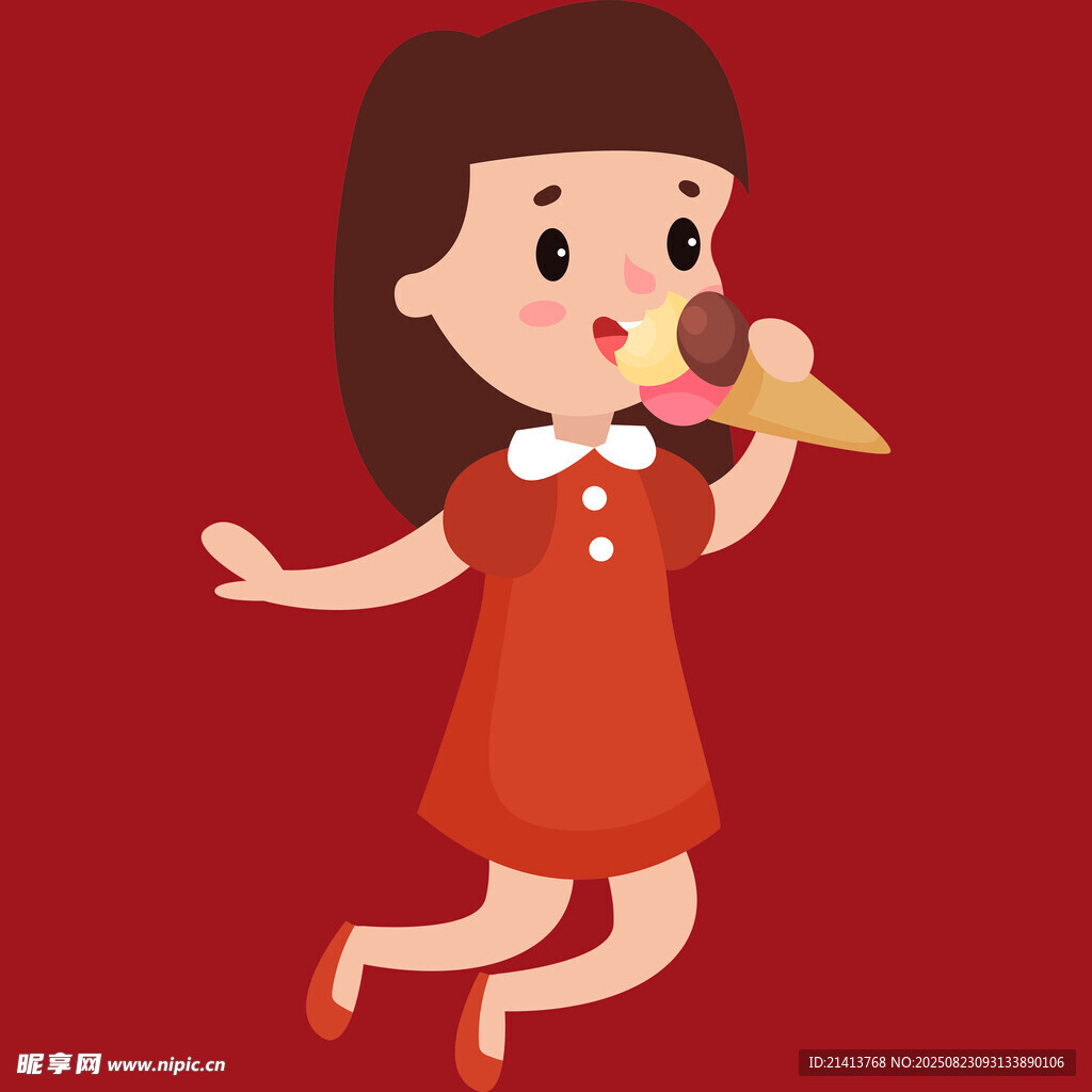 红衣女孩开心吃冰淇淋
