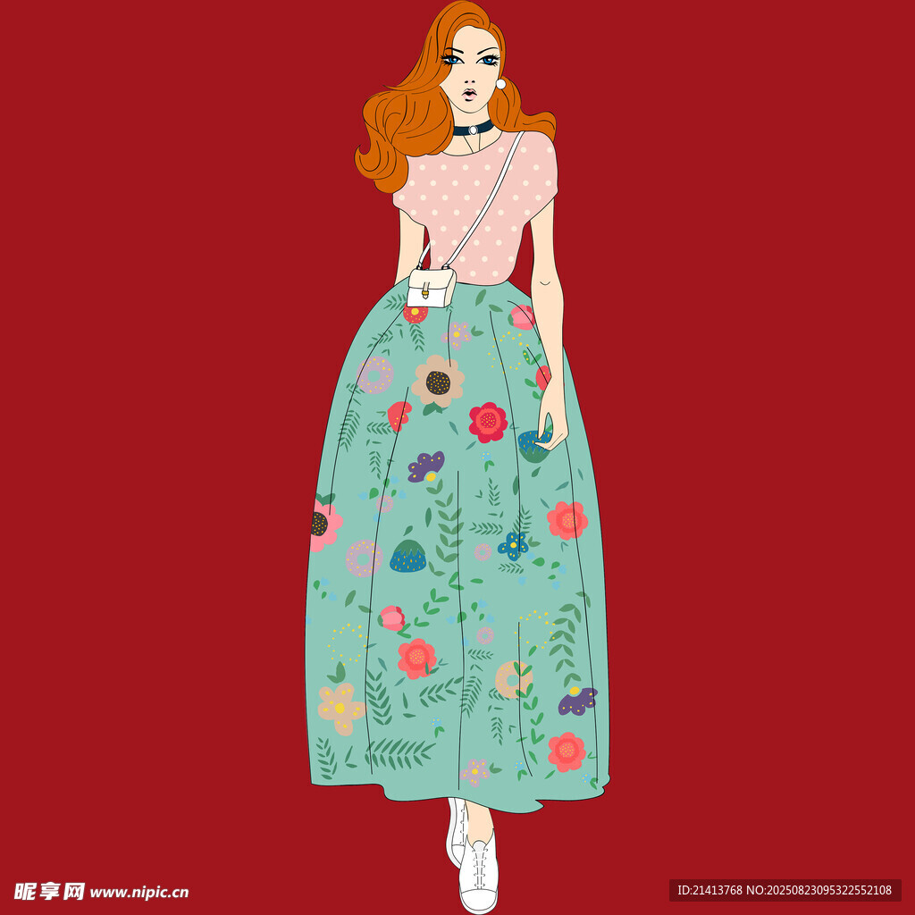 时尚长裙红发女性插画