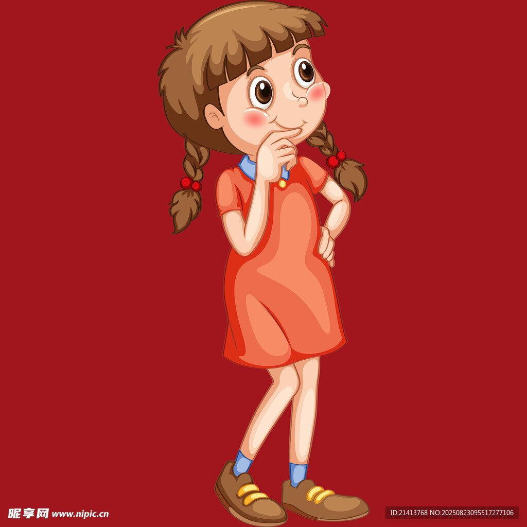 穿红裙扎辫的可爱女孩