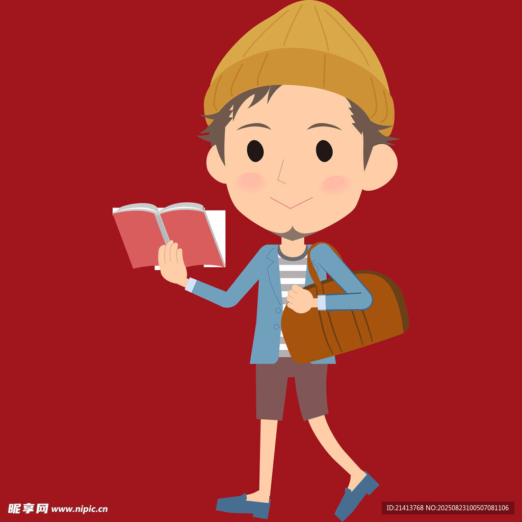 背着书包看书的小男孩