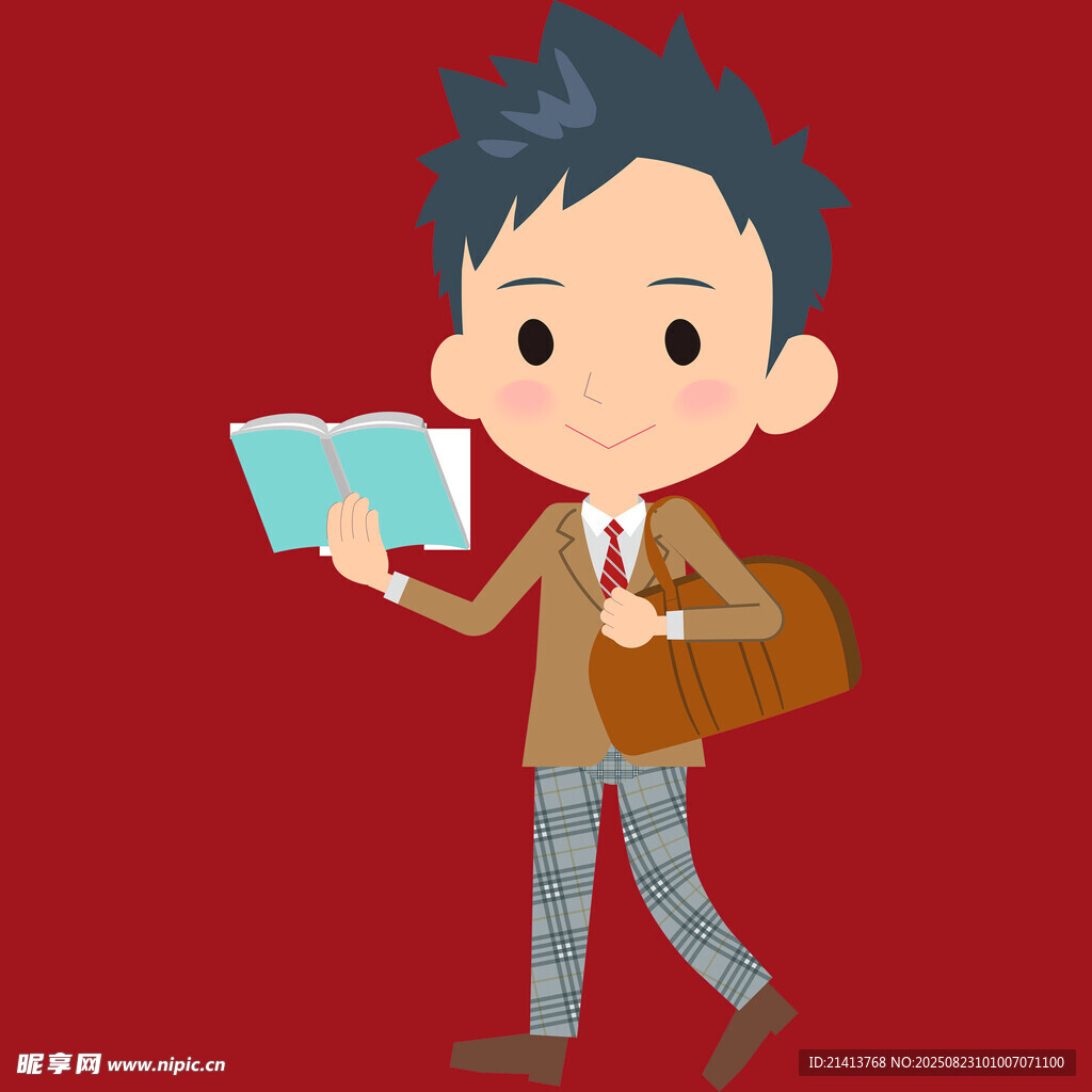 男孩手持书本背着包