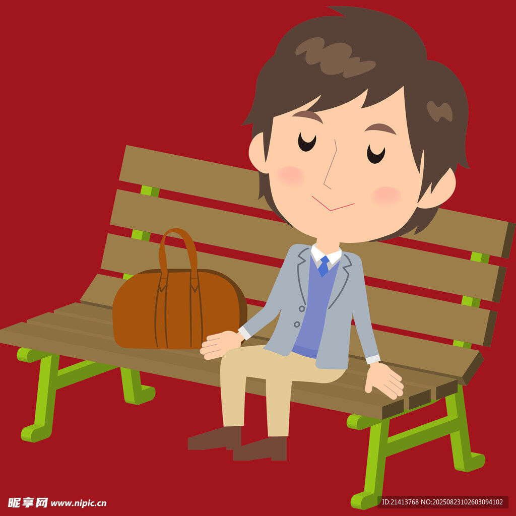 男孩坐长椅 身旁放着包