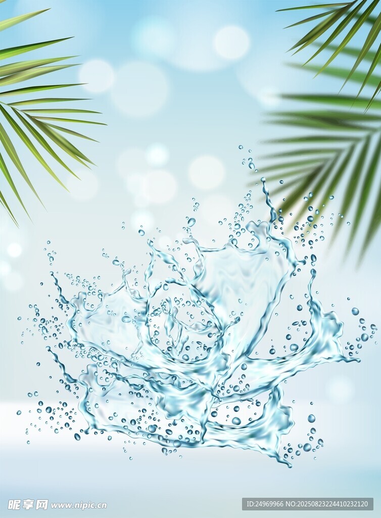 水花飞溅与棕榈叶美景