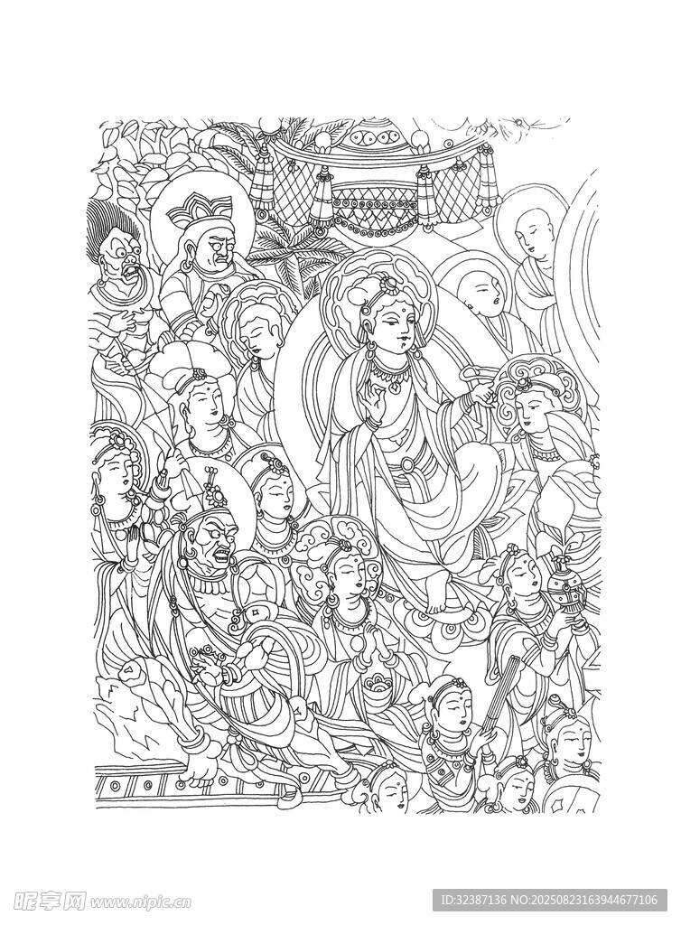 奇幻人物群像黑白线稿画