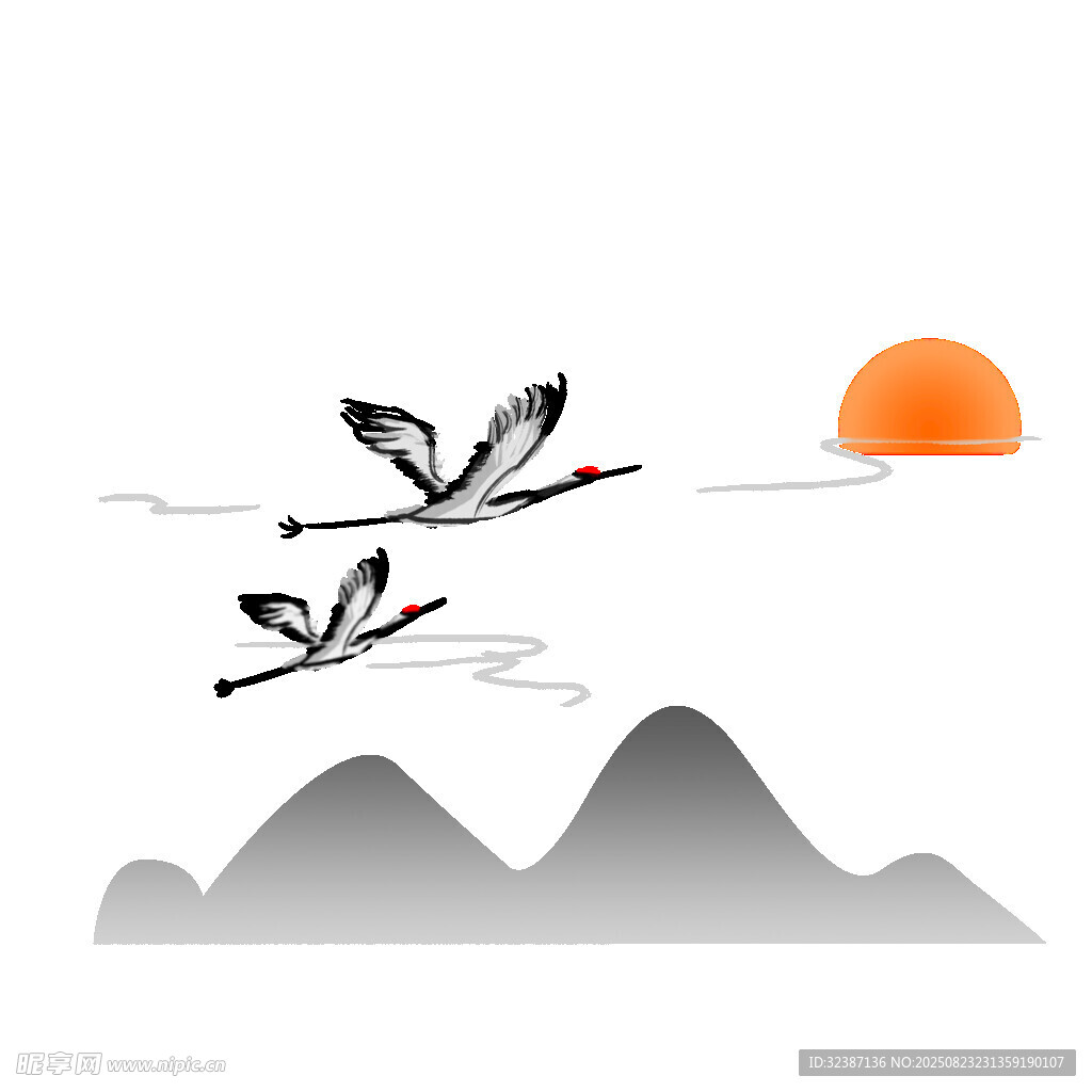 夕阳下双鹤飞越山峦