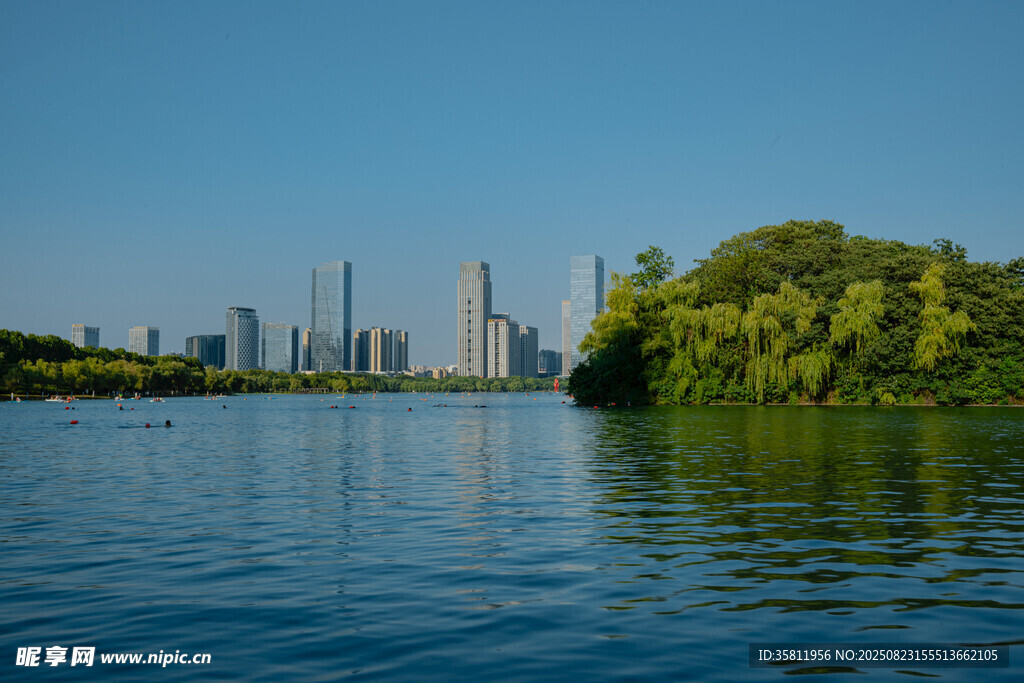 湖畔城市风光高楼林立