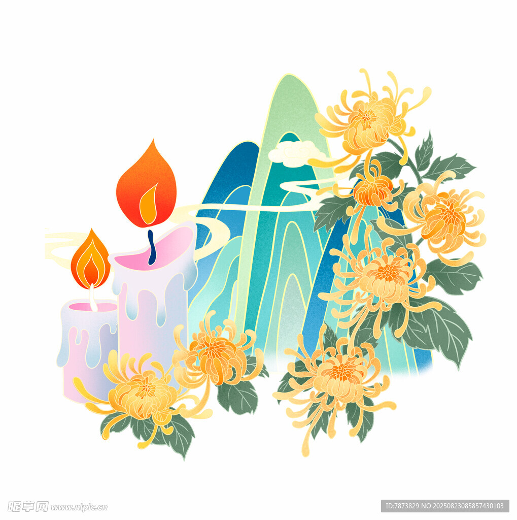 菊花蜡烛山水插画