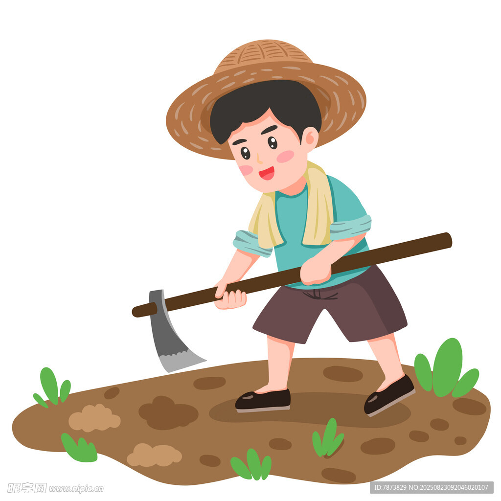 农民持锄田间劳作图