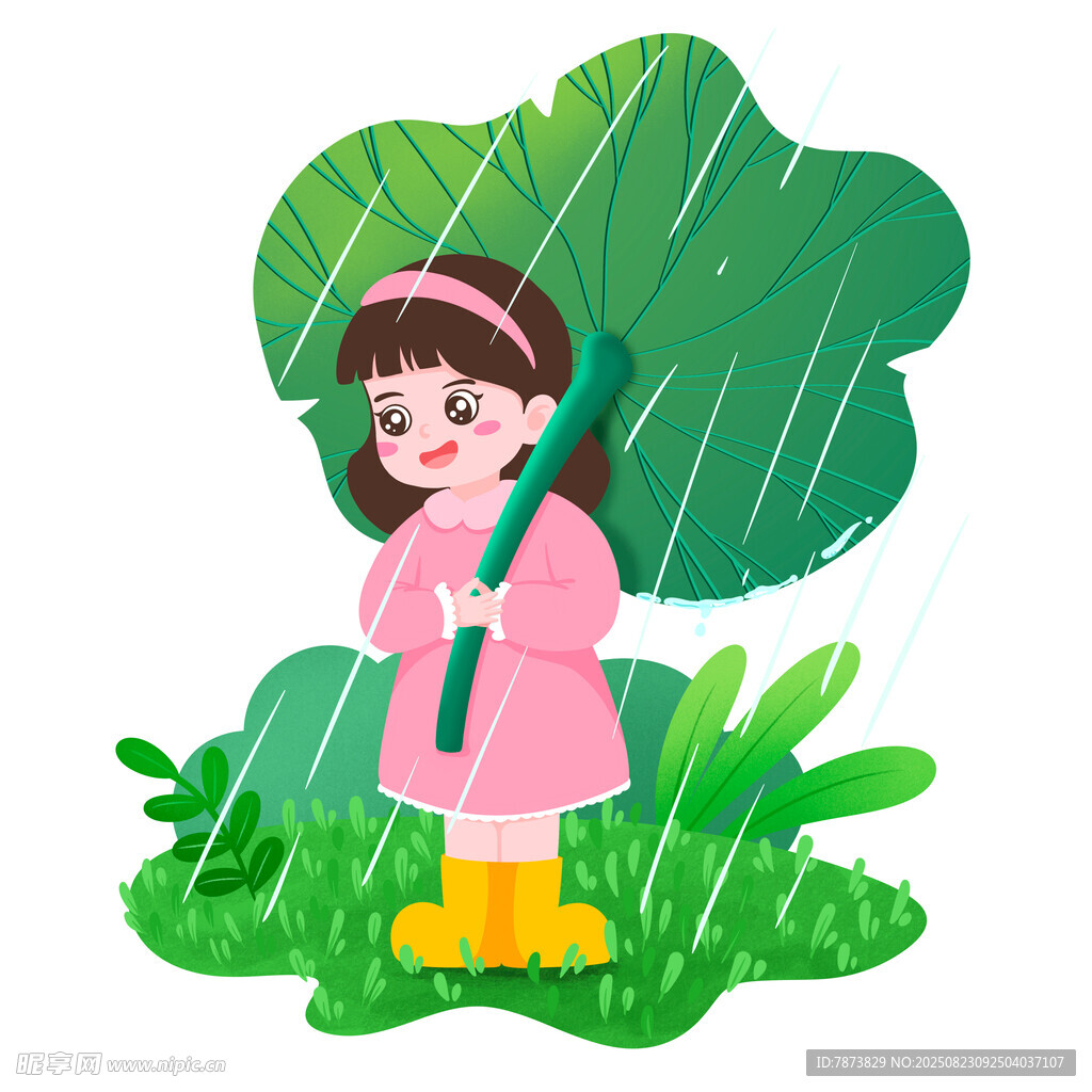 雨中撑伞的可爱小女孩