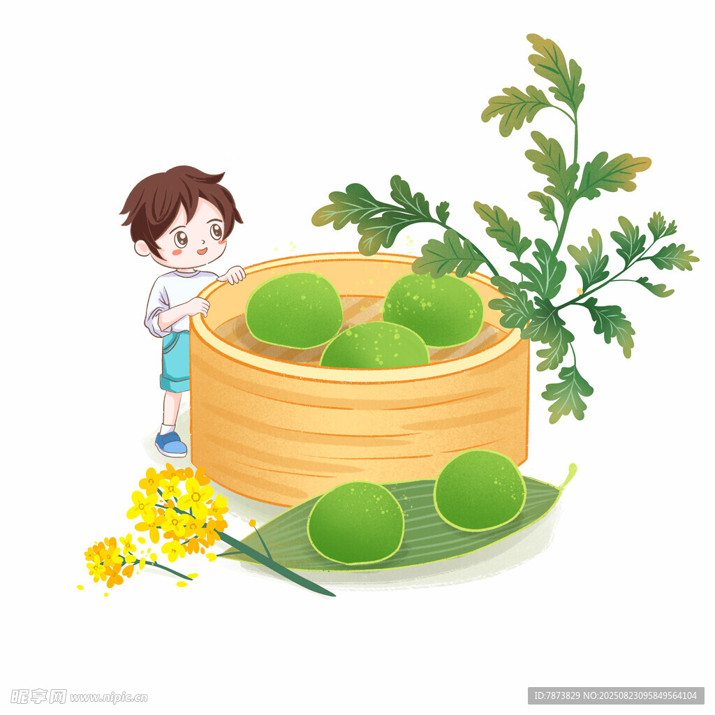 小孩赏青团与绿植