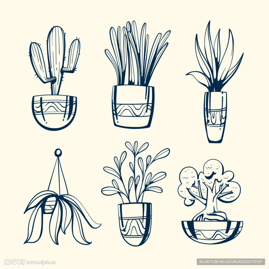 手绘盆栽植物插画