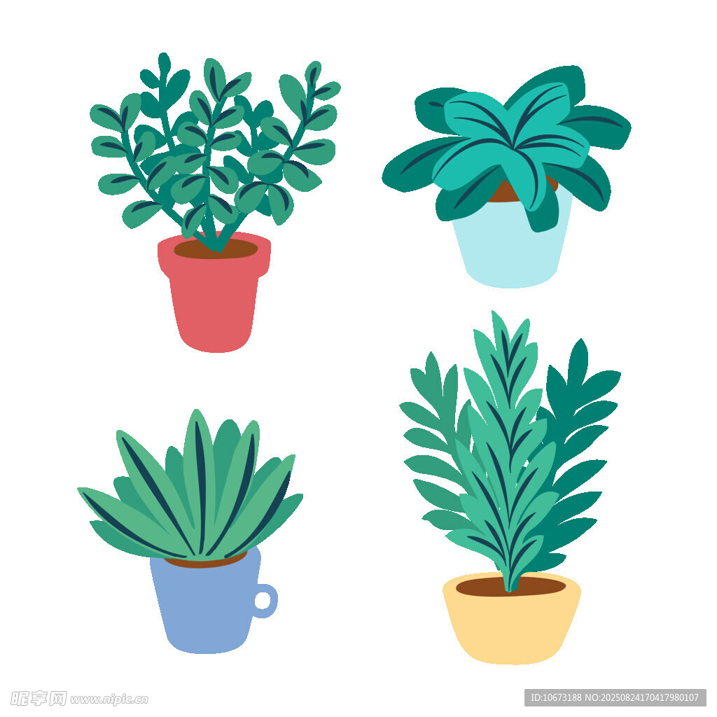 四盆可爱室内绿植插画