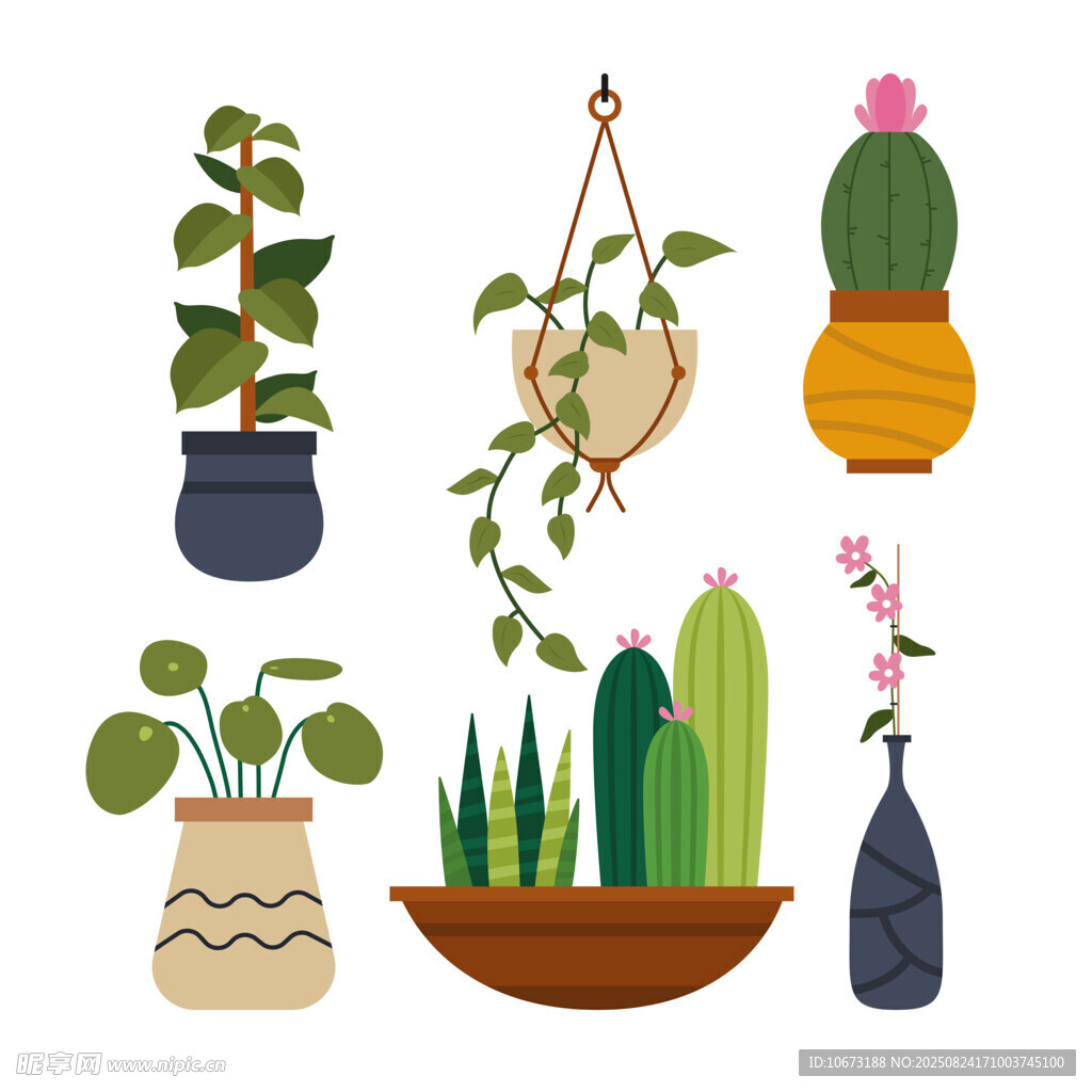 多样盆栽植物装饰插画