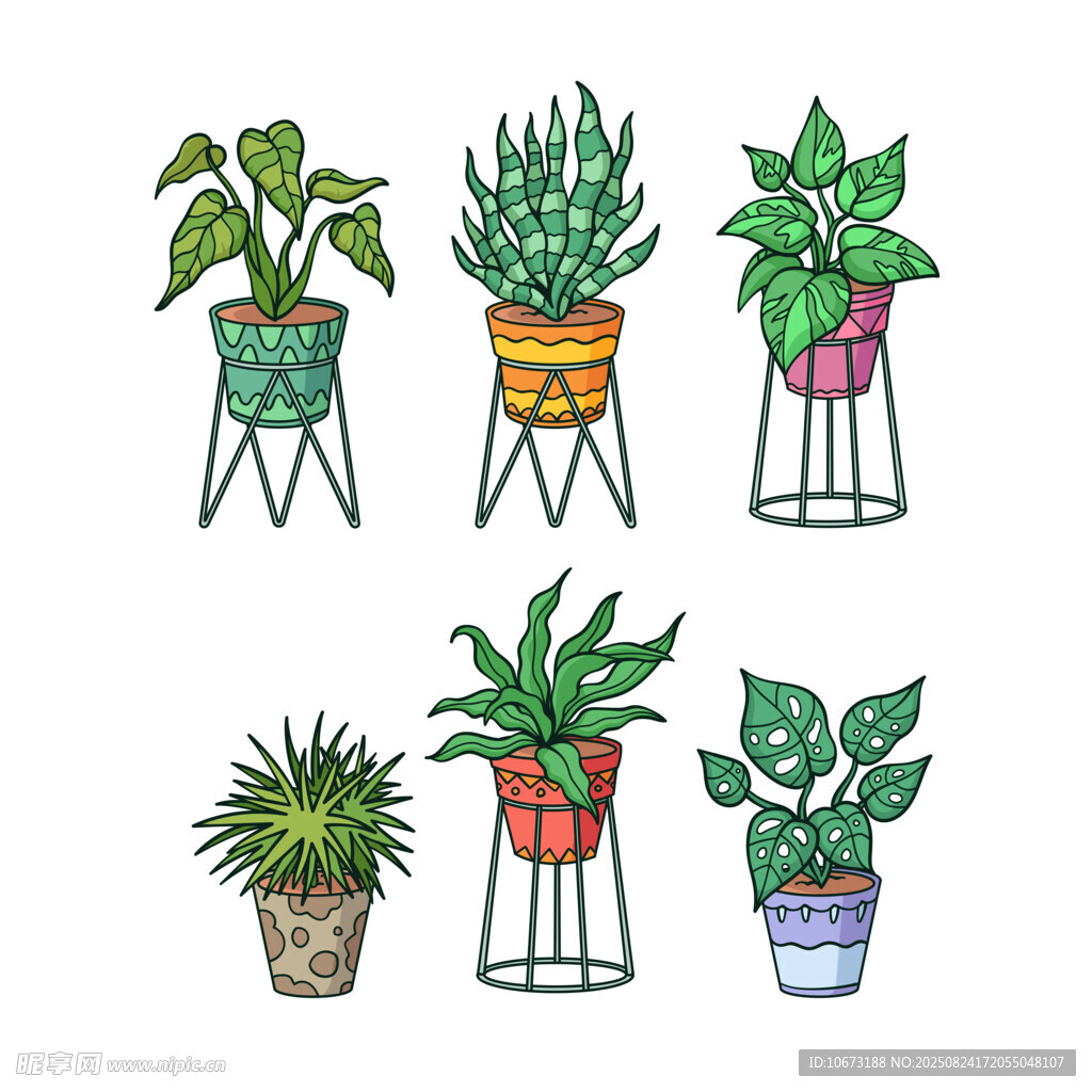 手绘盆栽组合插画