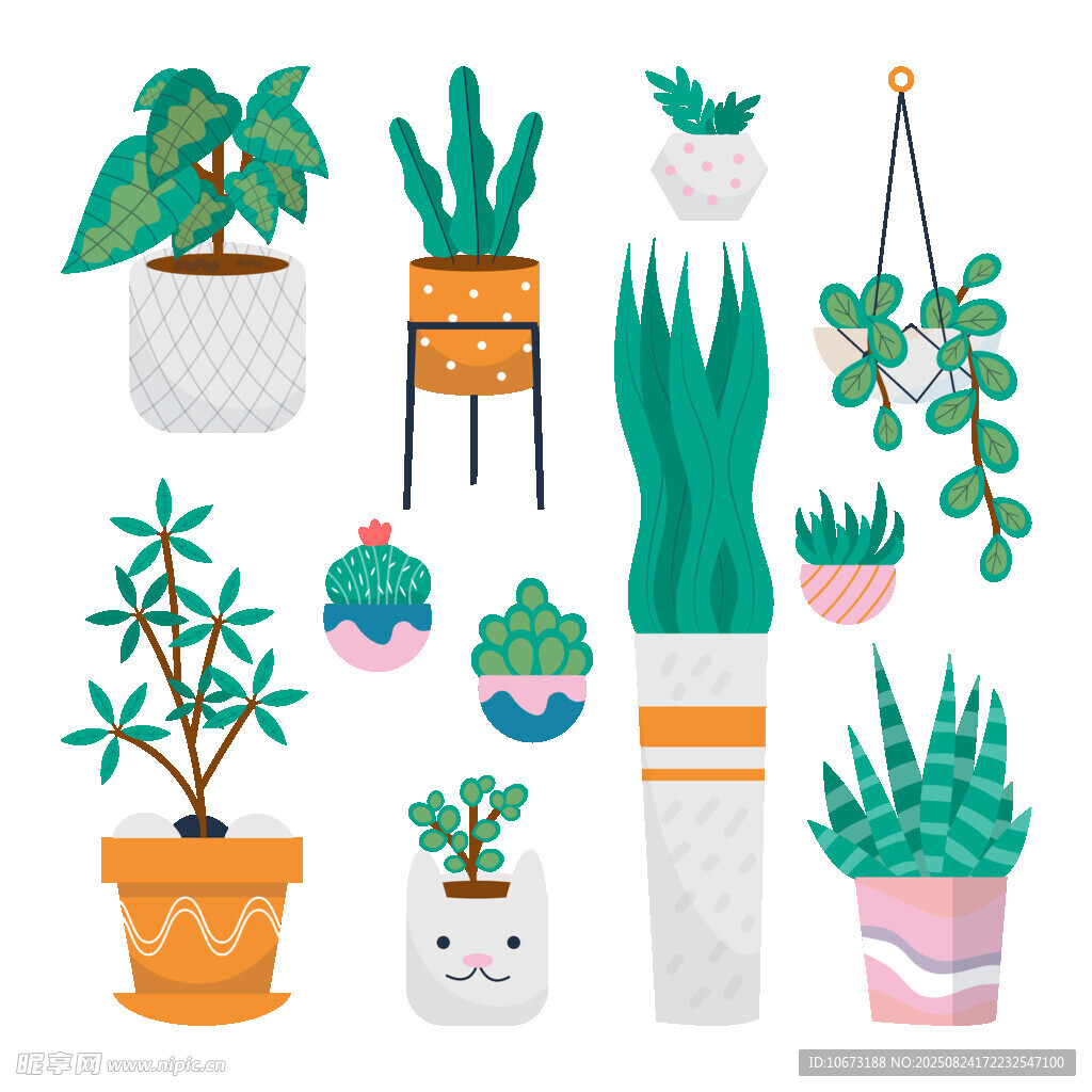 多样盆栽植物插画展示