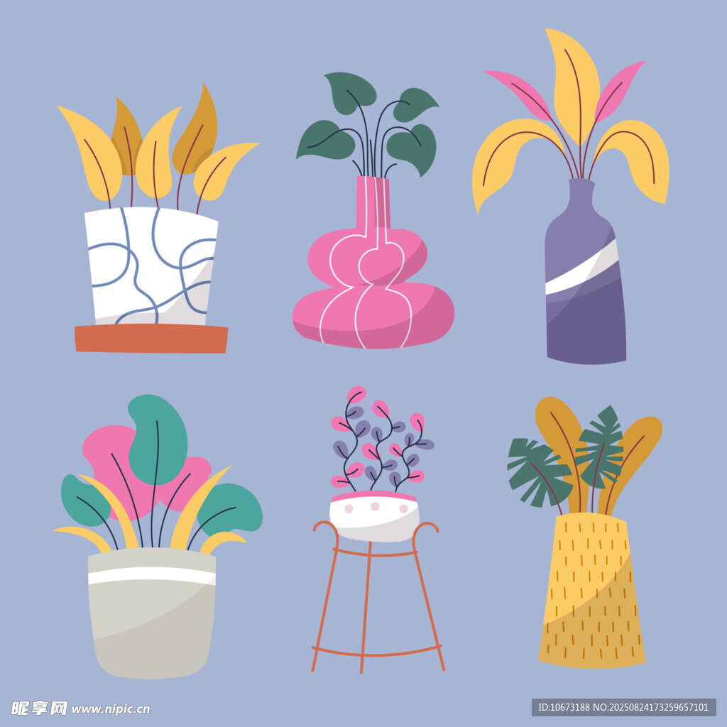 多彩盆栽植物插画