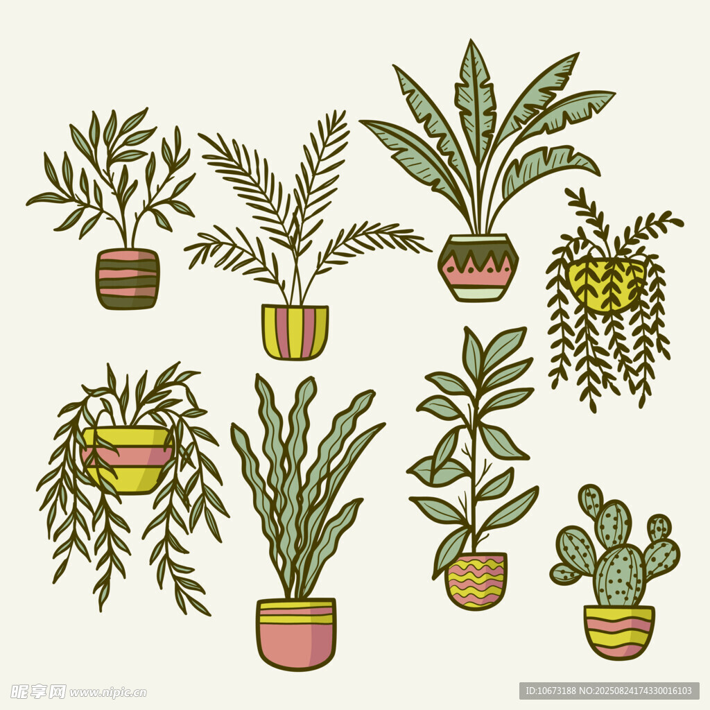 手绘盆栽植物集合