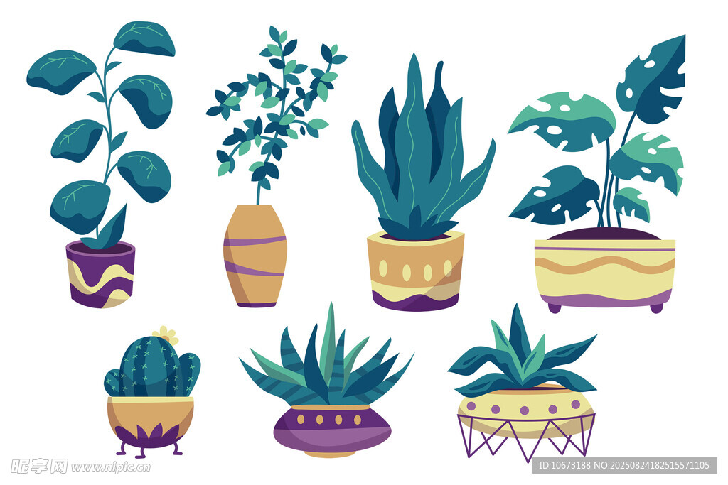 多彩盆栽植物插画