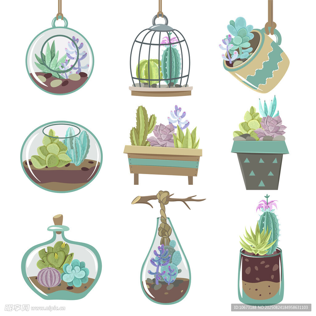 可爱盆栽插画 多样绿植组合