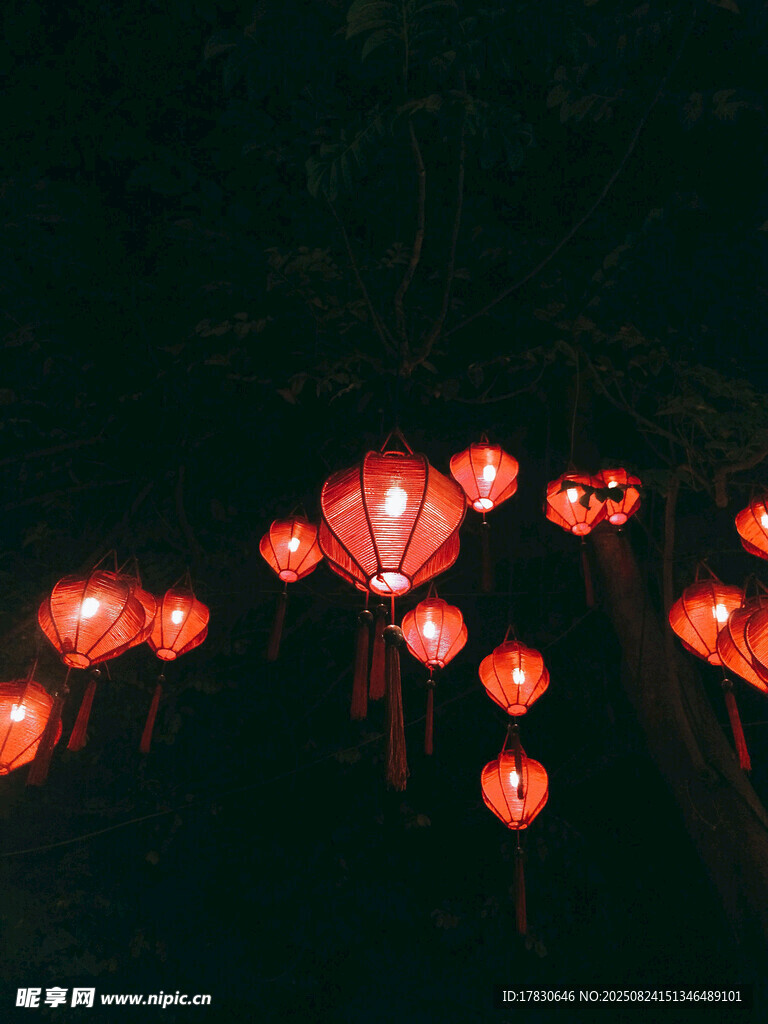 夜空中飘飞的红色孔明灯