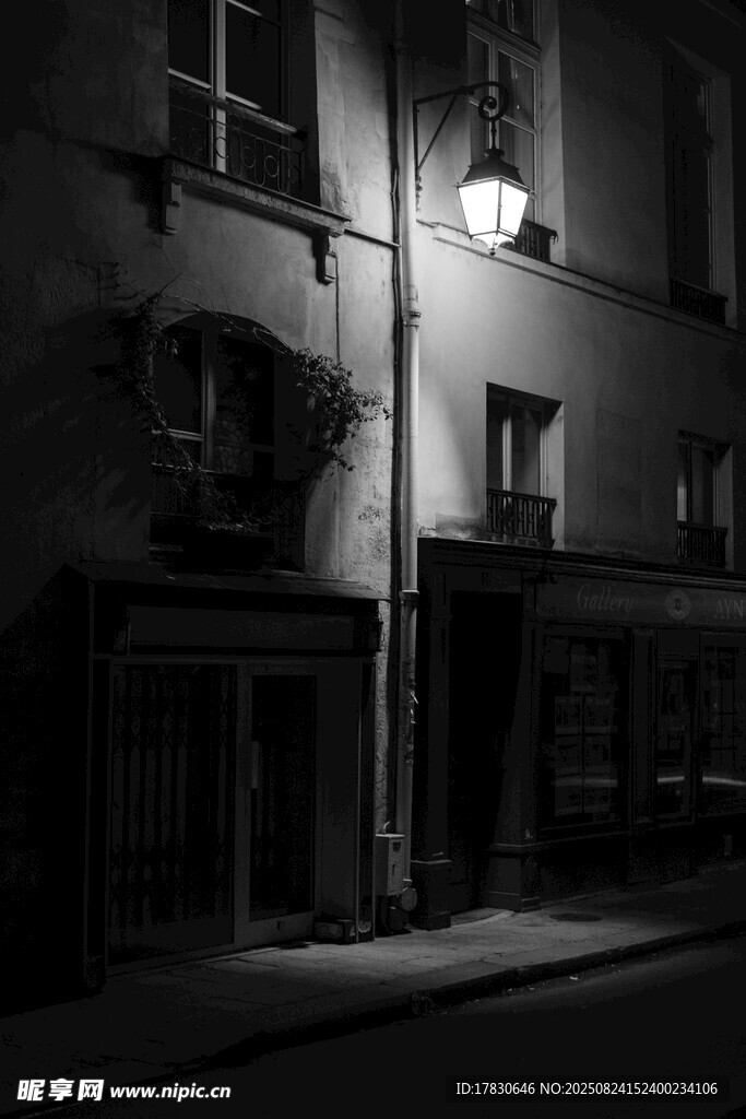 夜晚街边亮灯的古朴建筑