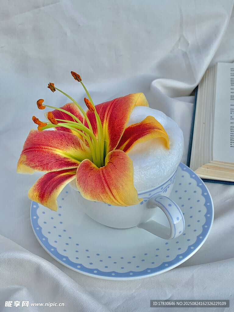 杯中盛放的多彩百合花