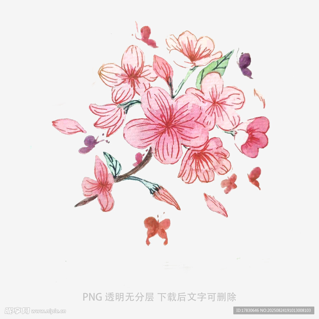 手绘繁花绽放蝴蝶相伴图