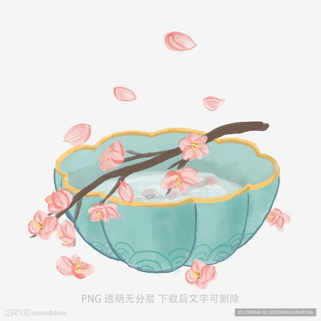 古风蓝碗盛水飘落花枝
