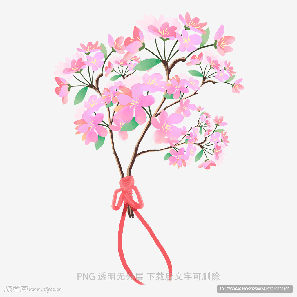 粉色花枝绑红丝带插画