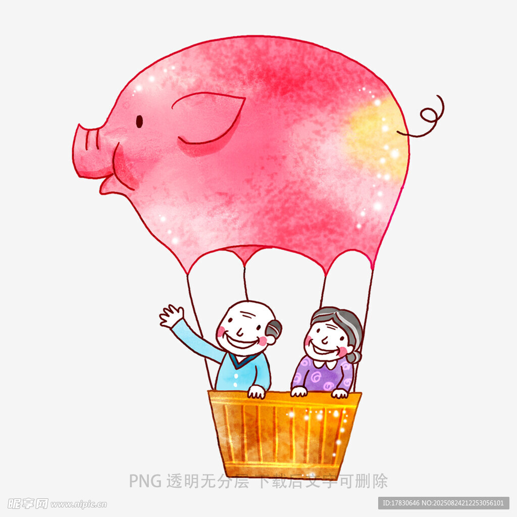 小猪热气球载着孩子飞翔