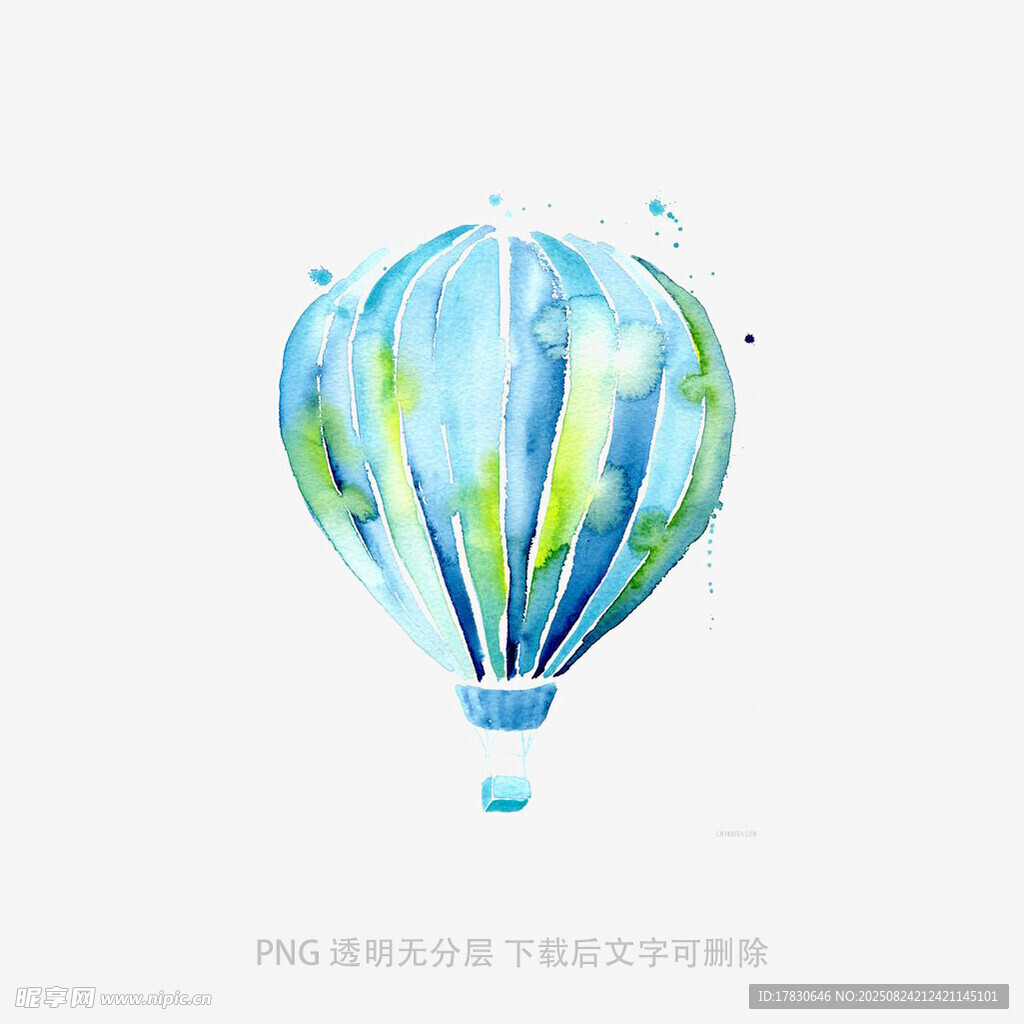 水彩绘蓝色热气球