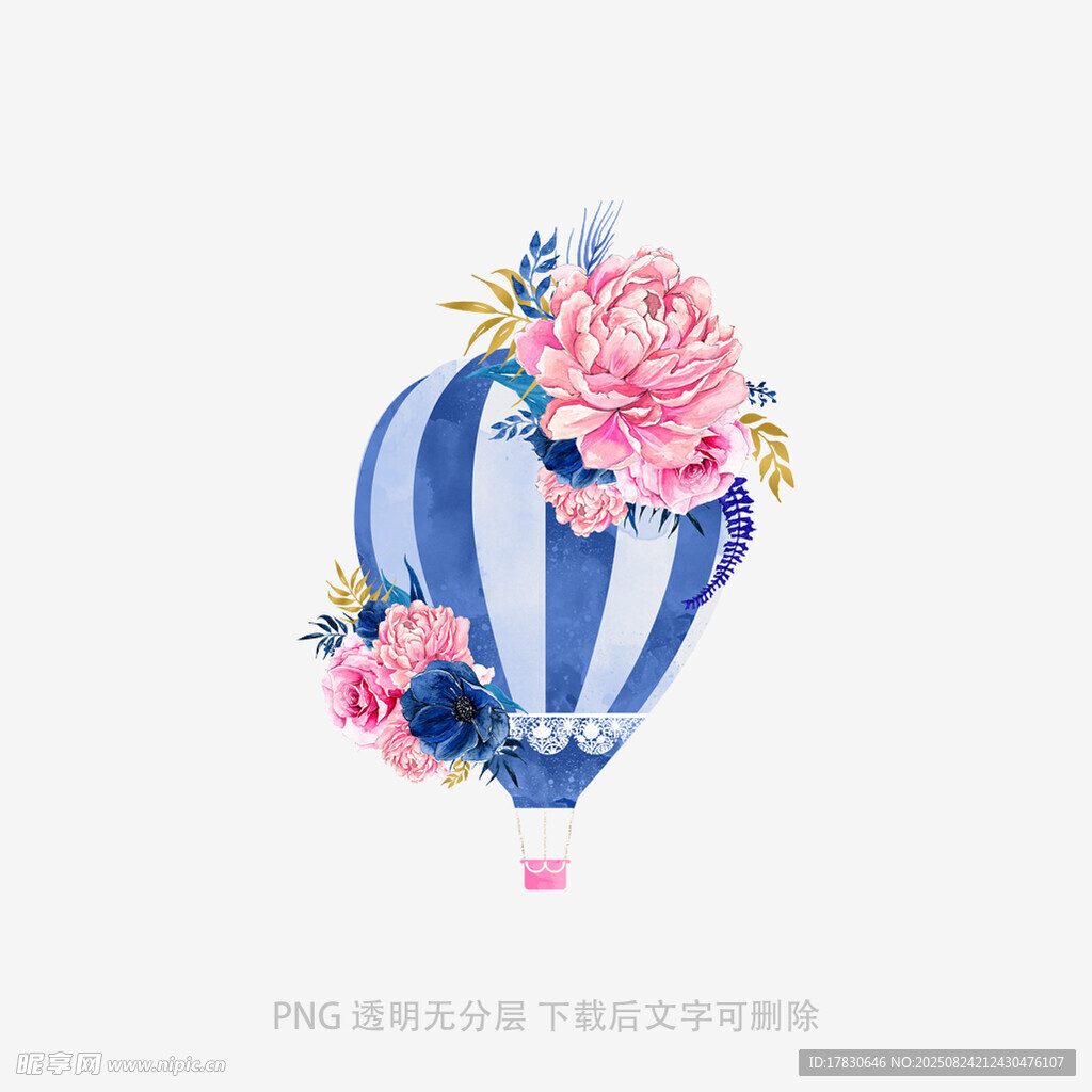 蓝粉热气球花卉插画