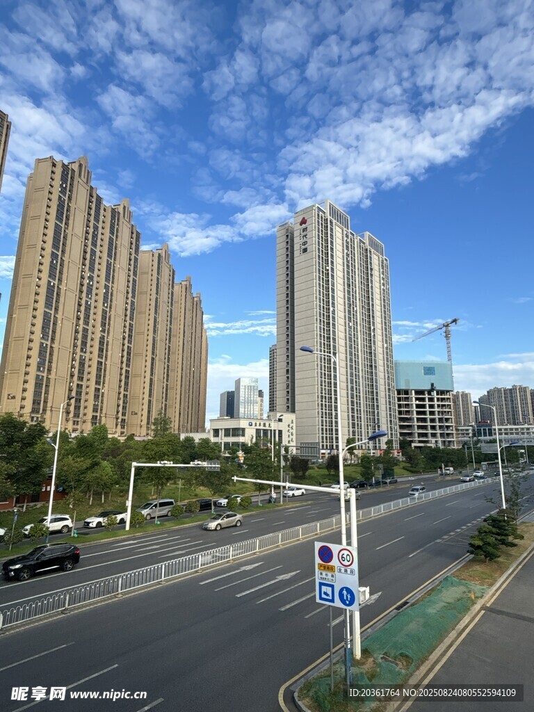 城市道路旁的高楼景观