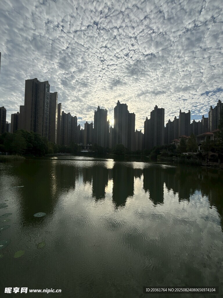 城市湖畔的静谧倒影