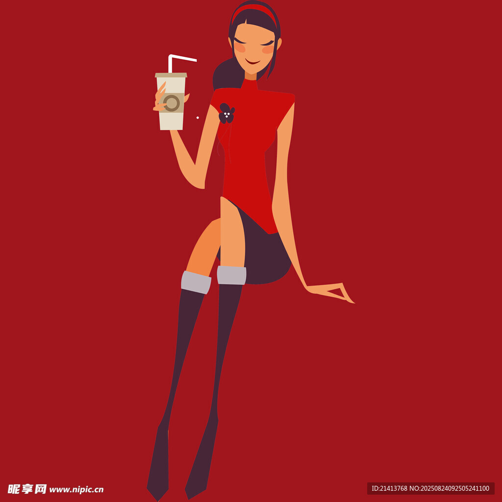 红衣女子手持饮品俏皮姿态