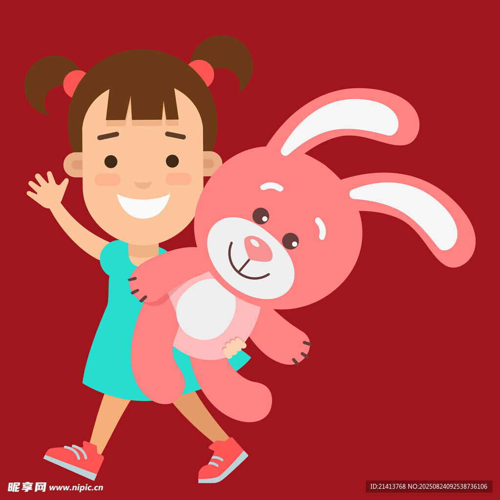 女孩抱着可爱粉色兔子玩偶