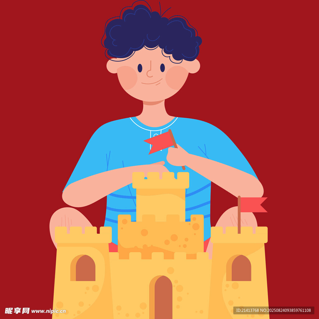 男孩专注搭建沙堡
