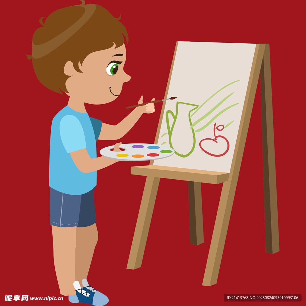 小男孩专注画架前作画