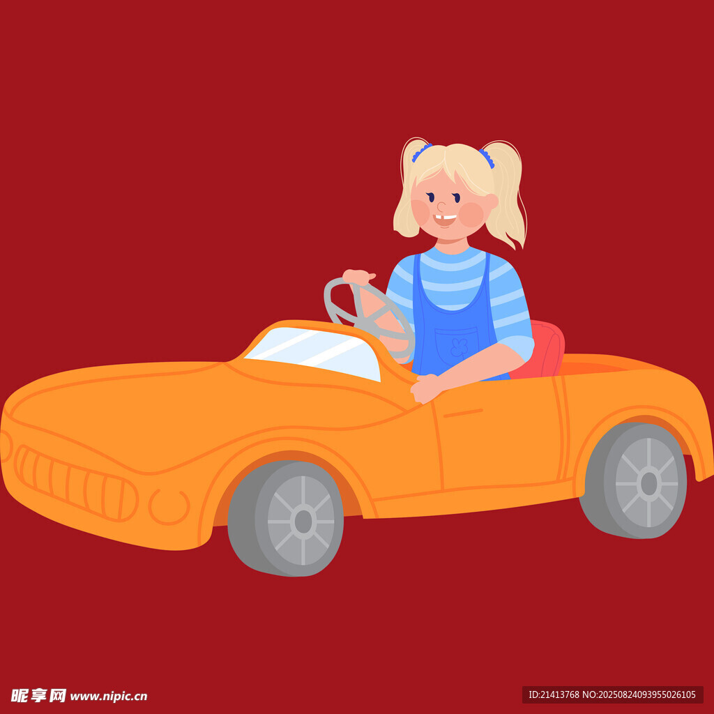 小女孩驾驶橙色玩具车