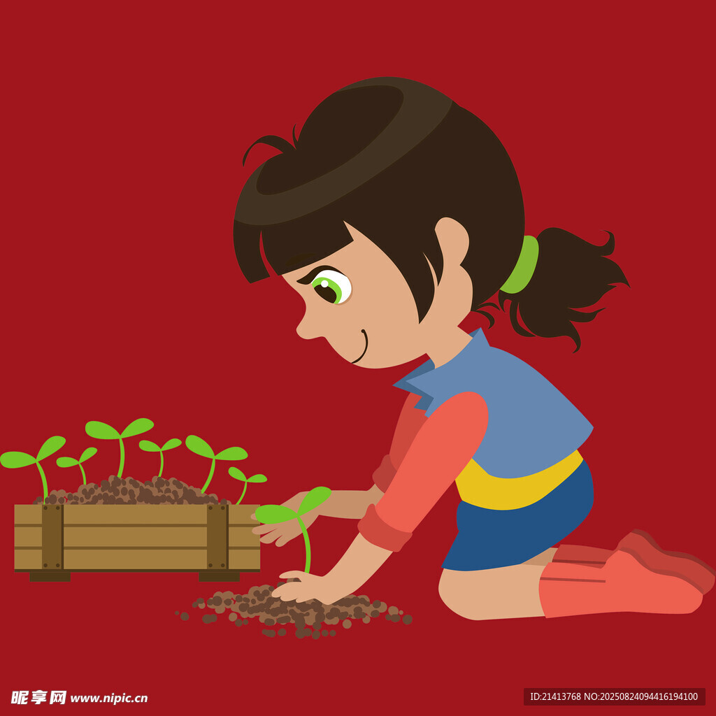 小女孩专注播种幼苗
