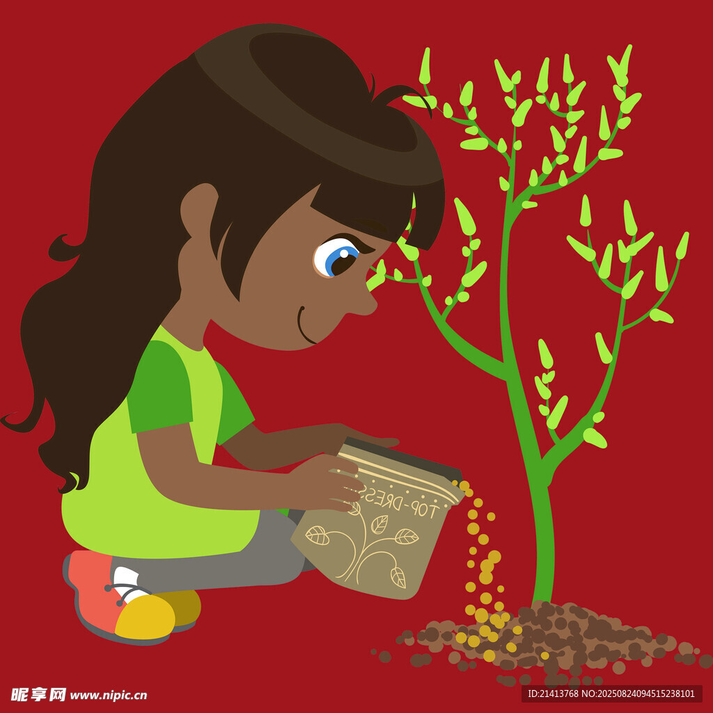 女孩专注栽种小树苗