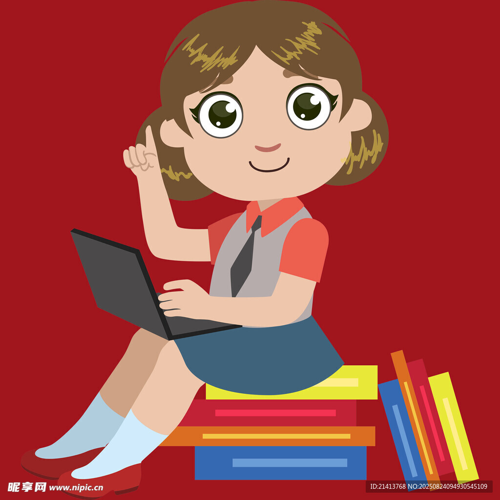 女孩坐在书堆上用笔记本电脑