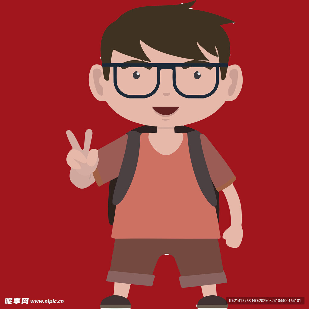 戴眼镜的背包男孩比耶