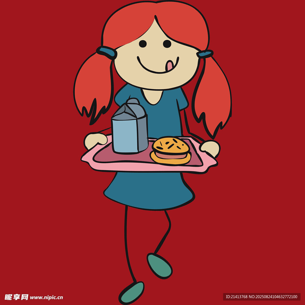 红发女孩端食物托盘