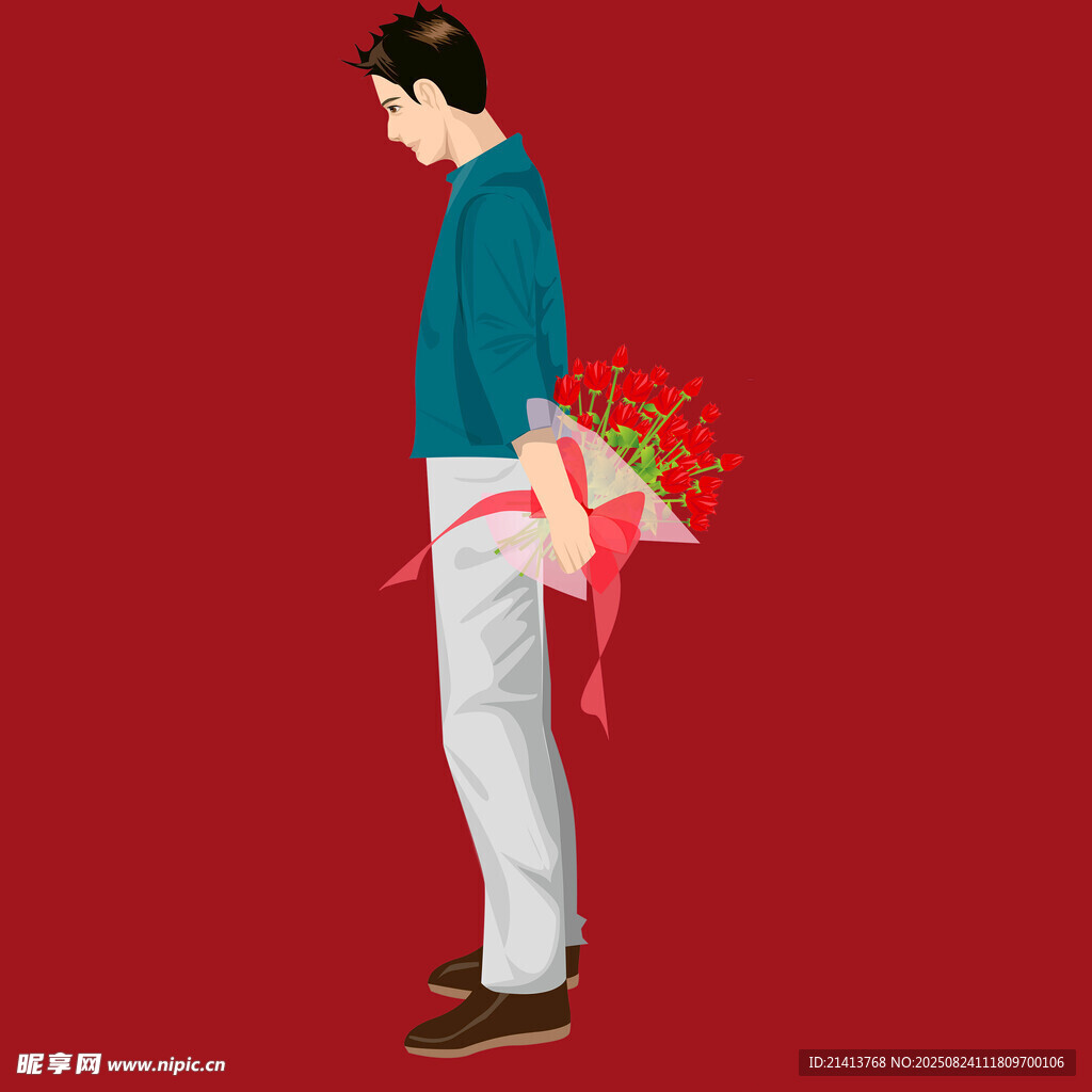 男子手持花束背影图