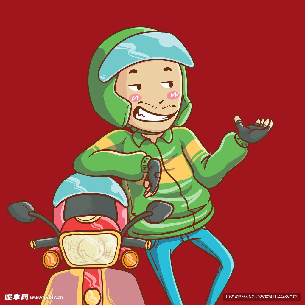 骑摩托的欢乐绿衣男子