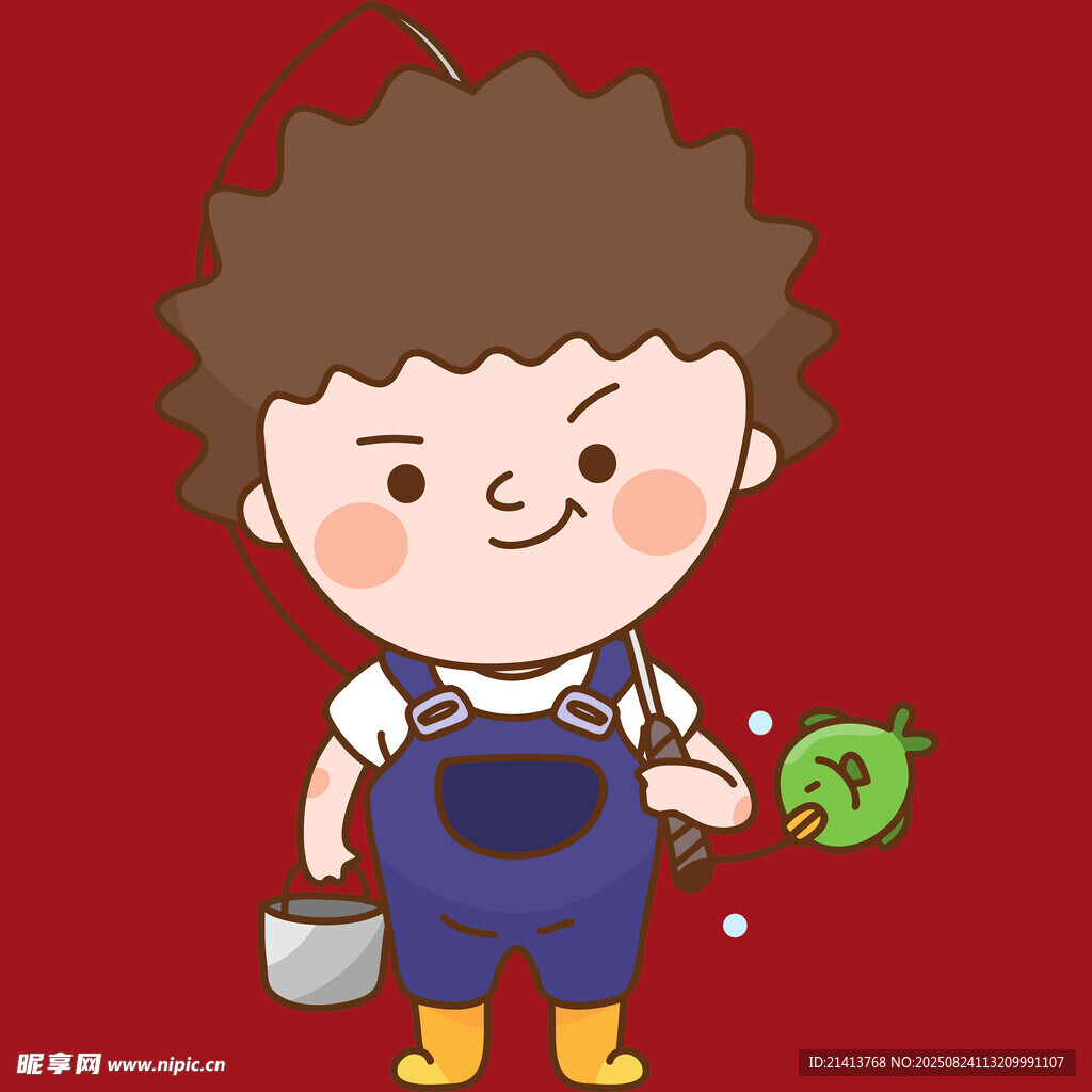 小男孩提桶拿网捕昆虫