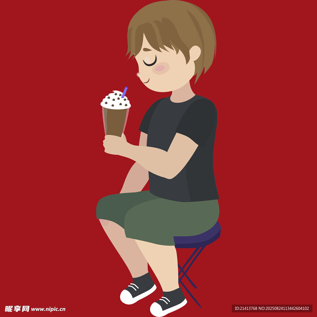 男孩坐着享用美味冰淇淋