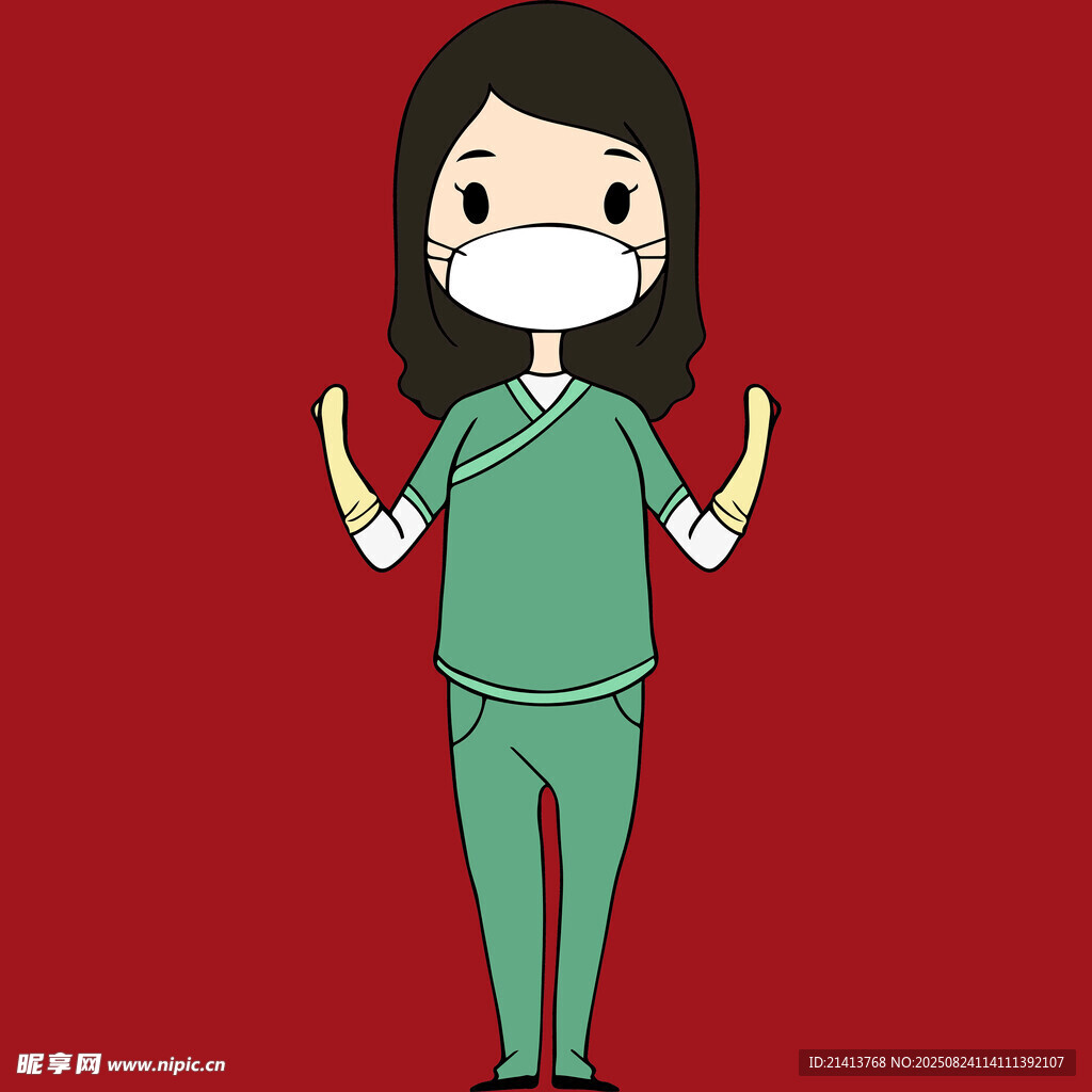 穿绿衣戴口罩的卡通女孩
